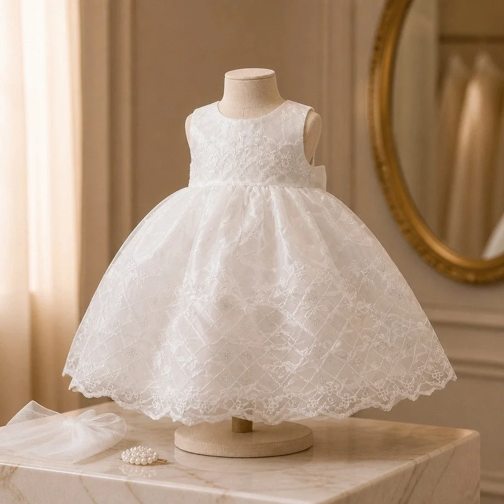 White Lace Embroidered Pinafore Overdress Open Back‎ 6-12 Months Baptism Formal